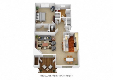 Floor plan for 1 bed, 1 bath, 910 sqft